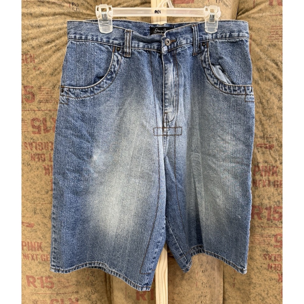 Vintage Sean John Baggy Shorts Mens 35* Blue Denim Y2K Jorts Embroidered